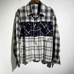 Men's Casual Shirts 2023ss High Street Mmy Plaid Patchwork Oversized T-Shirt For Men Embroidery Streetwear Clothing And Women Clothes