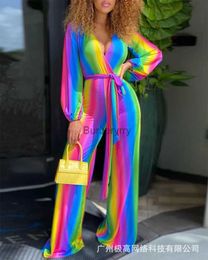 Women's Jumpsuits Rompers Women's Jumpsuit V Neck Long Sleeve Spring Summer Overall Pants Jumpsuits Colour Rainbow Casual Ankle Length High WaistL231005