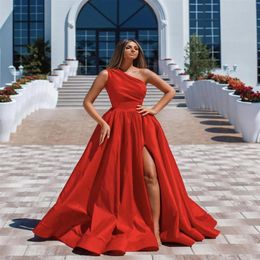 Dubai Arabic Cheap Simple Sexy Red A Line Prom Dresses One Shoulder High Split Formal Dress Evening Wear Party Gowns Prom Dress Cu278e