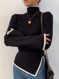 Women's Sweaters Traf Turtleneck Side Slit Pullover Contrasting Colors Autumn Winter Women Style Top Selfcultivation Sweater Pagoda Sleeve Slim 231005