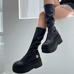 Boots Women'S High Heeled Thick Soled Fashion Knight Round Toe Class Mid Calf Females Shoes 2023 Autumn Trend
