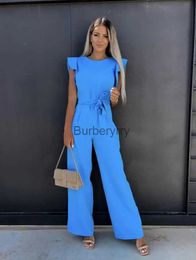 Women's Jumpsuits Rompers Summer Women's Jumpsuits Casual O-neck Ruffles Belt Office Lady Wide Leg Playsuits 2023 Elegant Solid Overalls Woman JumpsuitL231005