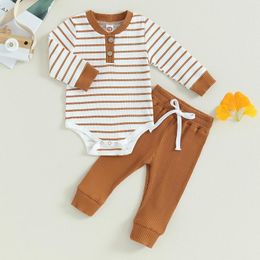 Clothing Sets Fashion Stripe Ribbed Baby Girls Boys Set Autumn Kids Outfits Long Sleeve Button Romper Pants 2PCS Infant Suit