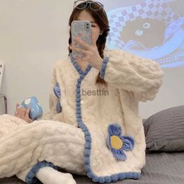 Women's Sleep Lounge Winter Coral Fleece Pyjama Sets Women Colour Contrast Sweet V-neck Long Sleeve Warm Sleepwear Thick Casual Cardigan SleepwearL231005