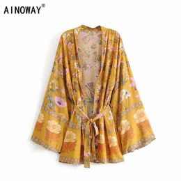 Vintage chic women floral print sashes bat sleeve rayon beach Bohemian kimono dress Ladies V neck Summer Boho bikini cover-up G121238Y