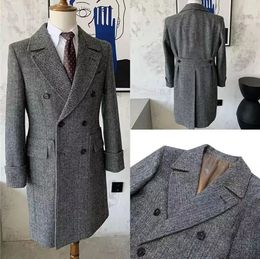 Men's Suits Blazers Suit Long Coat Black White Herringbone Wool Tweed Medium Length Bussiness Retro Thickening Jacket for Wedding 231005