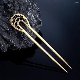 Hair Clips Vintage National Style Carved Wave Flower Stick Women Bronze U-shaped Hairpins Chinese Traditional Culture Bookmark Jewelry