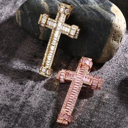 Cubic Zirconia Iced Out Cross Pendants Necklace for Men Women New Hip Hop Bling Micro Paved CZ Stone Rapper Jewellery Rose 18K Real 256N