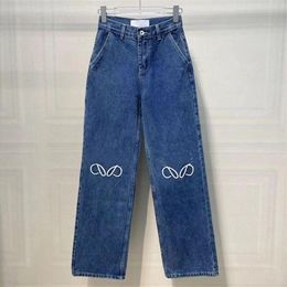 Designer Women's Jeans Arrivals High Waist Street Hollowed Out Patch Embroidered Decoration Casual Blue Straight Denim Pants248d