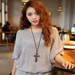 New Double wood cross pendants necklaces vintage long style sweater chain alloy leather cord men women jewelry fashion 15pcs181e