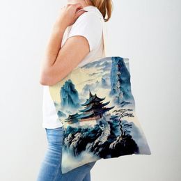 Shopping Bags Chinese Painting Forest Women Casual Canvas Handbag Double Print Decor Beautiful Scenery Shopper Bag Lady Tote
