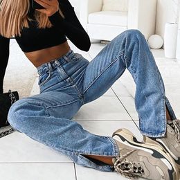 Women's Jean Casual High Waist Solid Straight Side Split Blue Denim Trousers Streetwear Baggy Pants Pantalons s 231005