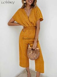 Women's Jumpsuits Rompers Lossky Women Jumpsuits Rompers Summer Casual Print V-neck Pocket Overalls Jumpsuit Short Sleeve Wide Leg Loose JumpsuitL231005