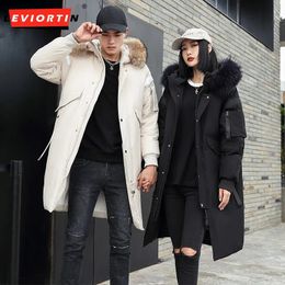 Men's Down Parkas Winter White Duck Long Jacket For Men Women Korean Styles Big Pockets Puffer Thickened Fur Collar Cargo Hoodies Parka Coat 230928