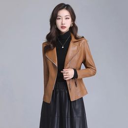 Women's Leather Faux Women Jacket Spring Autumn Fashion Suit Collar Slim Biker Coat Split Outerwear Sheepskin Streetwear Tops 230928