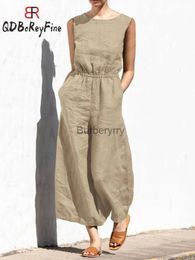 Women's Jumpsuits Rompers 2023 New Summer Women Jumpsuits Elastic Waist Casual Loose Wide Leg Pants Cotton Linen Short Sleeveless Rompers Overall FeL231005