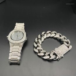 Hip Hop Mens Watches Bracelets Set Fashion Diamond Iced Out Cuban Chain Gold Silver Watch Set With Box 20191273t