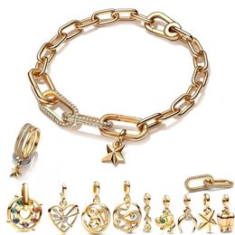 Charms 2023 925 Silver 14K Gold Pav Double Styling Link Mini Dangle Me Fit Original Bracelet Women Jewellery DIY 230928