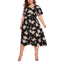 Plus Size Dresses Women Dress Summer 2023 Large Hem Flower Printed Loose Split Short Sleeve V Neck Tight Waist Midi