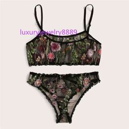 Women's Sexy Lingerie Set Floral Embroidered Sheer Mesh Bra + Panty 2 Piece Nightwear Set 2020 New