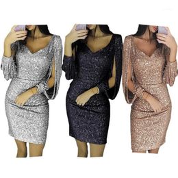 Casual Dresses Women Knee Length Party Dress Gold Tassel Female Bodycon Long Sleeve Bright Silk Shiny Vestidos1234Y