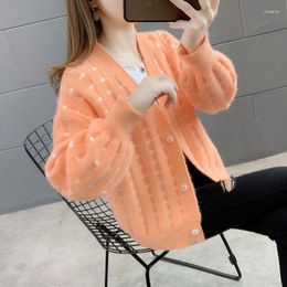 Women's Knits Orange Japan Casual V-neck Button Fashion Simple Knitted Women Sweater Cardigan Coat Autumn Top Girl Cloth Clothing Loose