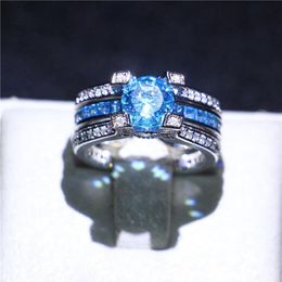 Fashion White Gold Filled Wedding Couple Rings Solitaire Aquamarine Simulated Diamond CZ Finger Rings for Bride Unique Gift Size5-230O