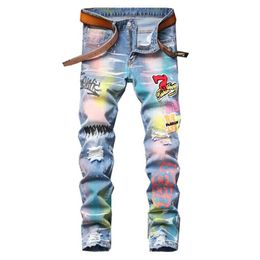 Men's Jeans Colored Painted Printed Denim Fashion Badge Holes Ripped Pants Patchwork Stretch Trousers279j