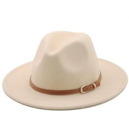 Wide Brim Hats 56-60cm White BlackWide Fedora Hat Women Men Imitation Wool Felt With Metal Chain Decor Panama Jazz Chapeau2343
