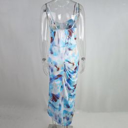 Casual Dresses Ladies Dress Elegant Artistic Print Prom Ball With High Split Low-cut Backless Design For Women Slim Fit Midi