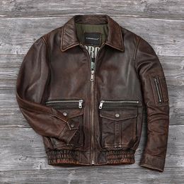 Men s Leather Faux 2023 Distressed Genuine Jacket Top Layer Cowhide Air Force Flight Jackets Vintage Fashion Redbrown Corium Coats 231005