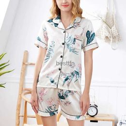 Women's Sleep Lounge FallSweet Silk Pajamas for Women Short Sleeves Ladies Sleepwear Print Two Piece Set Nightwear CasualL231005