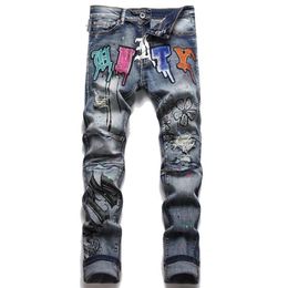 Men's Jeans European American Style Men Slim Embroidered Printed Fashion Stitching Hole Beggar Trousers Casual Hip Hop Street174f