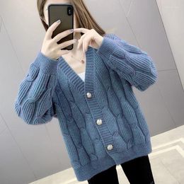 Women's Knits Blue Spring Flowers Casual V-neck Button Simple Knitted Women Sweater Cardigan Coat Autumn Top Girl Cloth Clothing Loose