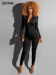 Women's Jumpsuits Rompers Activewear Casual Zipper Up Rompers Womens Jumpsuit Deep V Neck Full Sleeve One Piece Overall Casual Workout Skinny BodysuitL231005