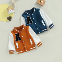 Jackets Kids Boy Girl Baseball Jackets Toddler Letter Pattern Contrast Color Long Sleeve Buttons Front Coat Autumn Winter Outerwear 1-5T 231005