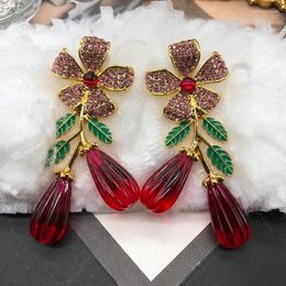 Necklace Earrings Set Leaves And Flowers Long Section French Luxury Inlaid Plated Gold Red Drop Temperament