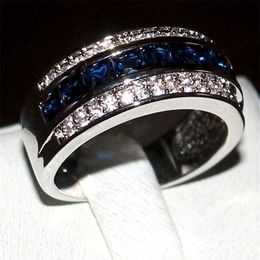 Luxury Princess-cut Blue Sapphire Gemstone Rings Fashion 10KT White Gold filled Wedding Band Jewelry for Men Women Size 8 9 10 11 184g