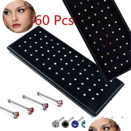 Nose Rings Studs 1 Box Of 60/40 Pcs Crystal Rhinestone Bk Bone Straight Stud Bar Piercing Nose Ring 2 Colours Selling Drop Delivery Dhsw4