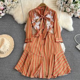 Basic Casual Dresses Spring Summer Designer Runway Beach Mini Dress Women's Bow Neck Embroidery Flower Dot Stripe Print Ruffles Party Vestidos 2024