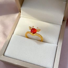 Cluster Rings Korean Christmas Deer For Women Girls Gold Color Cute Animal Elk Red Crystal Earring Year Jewelry Gifts