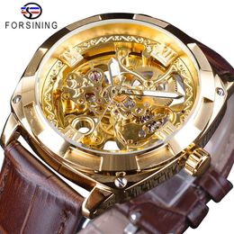 Forsining Royal Golden Flower Transparent Brown Leather Belt Creative 2018 Mens Watch Top Brand Luxury Skeleton Mechanical Watch264Z