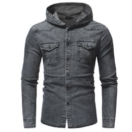Men'S Shirts Men'S Jeans Shirt Hooded Pocekt Grey Social Shirt Single Breasted Blusa De Frio Masculina satin NZ672255G
