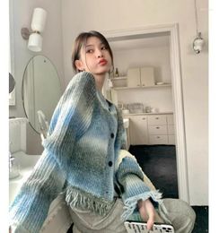 Women's Vests Lazy And Versatile Gradient Tie Dyed Sweater Jacket Autumn Style Tassel Loose Fitting Short Top Trend Girls' Coat