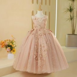 Girl Wedding Flower Shiny Lace Pearls Fancy Christmas Princess Party Formal Prom Little Baby Girls Pageant Dress Kids Birthday Gowns 403