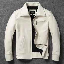 Men s Leather Faux Genuine Jacket White Lapel Calfskin Natural Cowhide Coat Slim Fit Top Layer Biker 231005