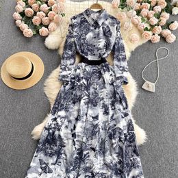 Elegant Floral Vintage Print Brand Designer Runway Dresses Women Autumn Polo Neck Long Maxi Shirt Party Dress 2023333v