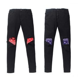 Men's Jeans Washed hole cat beard patchwork cashew nut purple red amoeba jeans slim fit micro elastic jeans2637