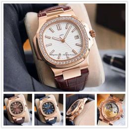 High Quality Watches YR 5713 40mm Nautilus Diamond Bezel Rose Gold CAL 324 Autoamtic Mens Watch Blue Brown White Dial Leather Stra234p
