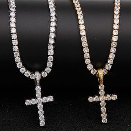 Iced Out Zircon Cross Pendant With 4mm Tennis Chain Necklace Men Women Hip hop Jewellery Gold Silver CZ Set289R